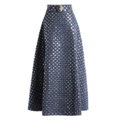 Mid-length Embroidered Sequins -style Retro High-waisted Umbrella Skirt - Navy Blue - View 1