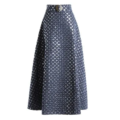 Mid-length Embroidered Sequins -style Retro High-waisted Umbrella Skirt - Navy Blue