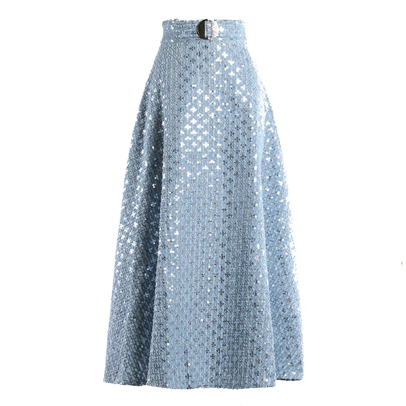 Mid-length Embroidered Sequins -style Retro High-waisted Umbrella Skirt - Light Blue