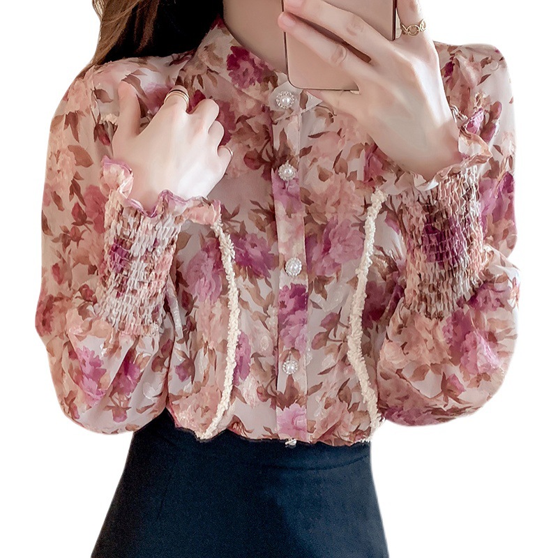 Spring New Style French Temperament Blouse Floral Chiffon Shirt Bubble Long-Sleeved Thin Shirt Women Foreign Style Small Shirt