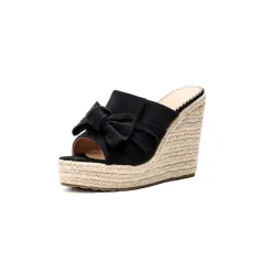Bowknot Fish Mouth Women's Sandals High-heel Slippers Straw Woven Platform - Black - View 1