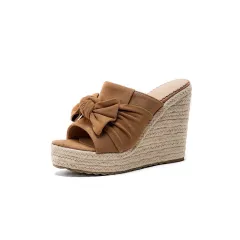 Bowknot Fish Mouth Women's Sandals High-heel Slippers Straw Woven Platform - Camel - View 1