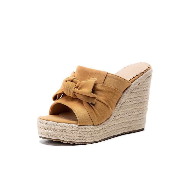 Bowknot Fish Mouth Women's Sandals High heel Slippers Straw Woven Platform Apricot - Shop at LoveMi