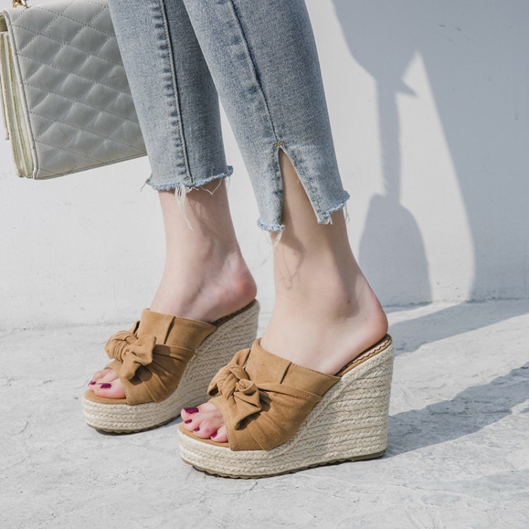 Bowknot Fish Mouth Women's Sandals High-heel Slippers Straw Woven Platform