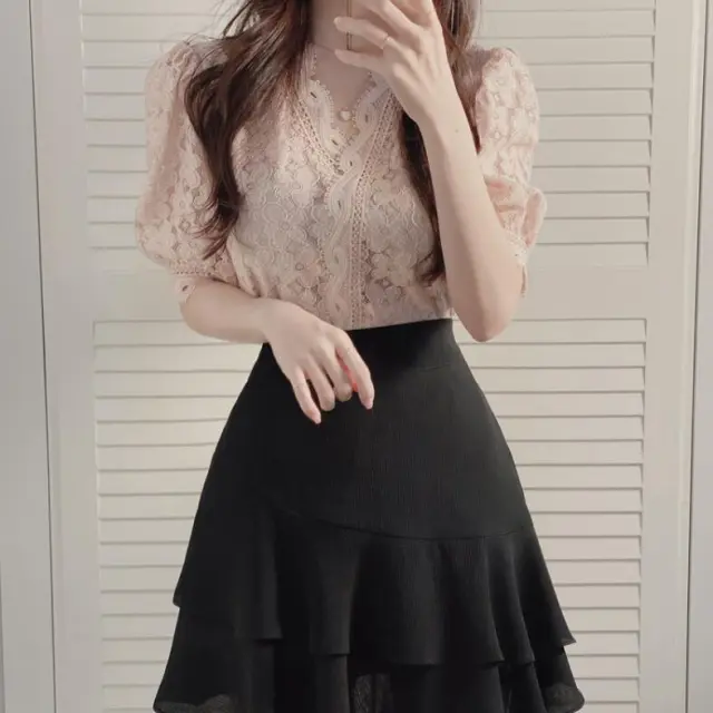 Korean Version Of The Summer New Temperament Puff Sleeve Hollow Lace Short Sleeved Shirt Wild Embroidery Lace Shirt Female Summer Pink - Shop at LoveMi
