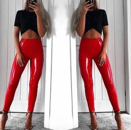 Explosive Sexy Buttocks Leggings Nightclub Women Mirror Bright Leather Plus Size - Wine