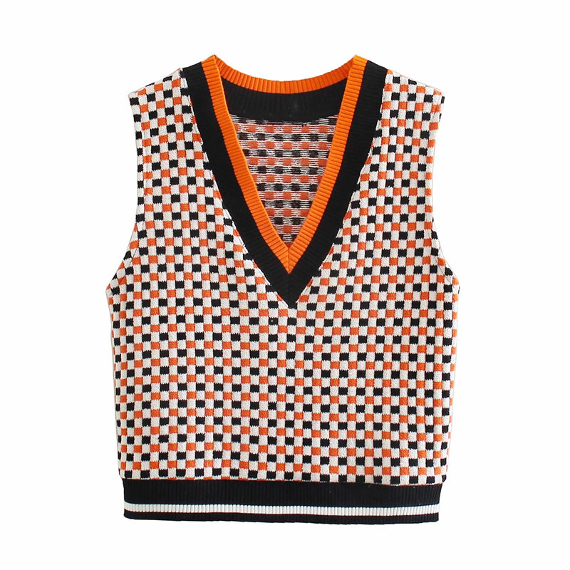 Title 5, New Retro All-match V-neck Stitching Check Knit...