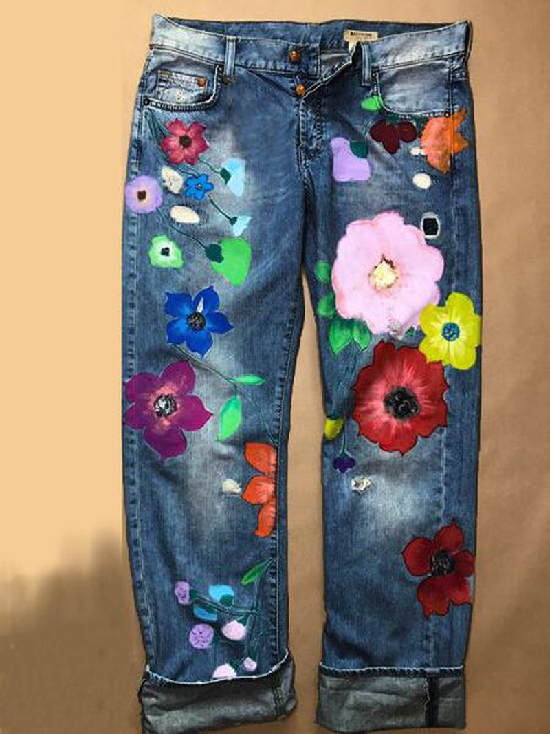 Ripped Printed Big Red Flower Ripped Fashion Women's Straight Denim Trousers Dark Blue - Shop at LoveMi