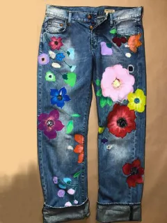 Ripped Printed Big Red Flower Ripped Fashion Women's Straight Denim Trousers - Blue - View 1