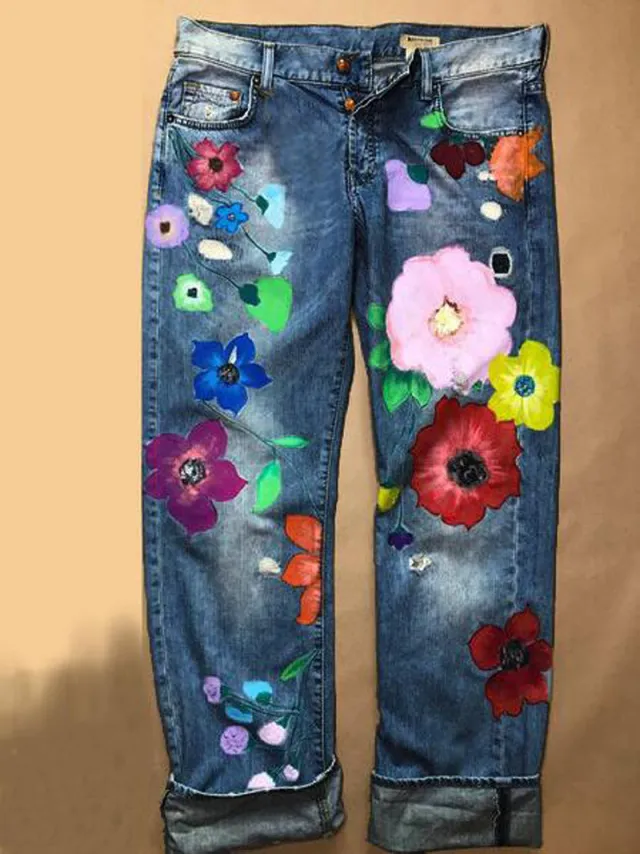 Ripped Printed Big Red Flower Ripped Fashion Women's Straight Denim Trousers Blue - Shop at LoveMi