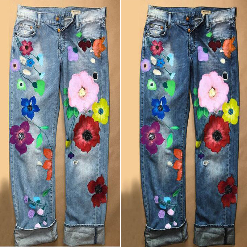 Ripped Printed Big Red Flower Ripped Fashion Women's Straight Denim Trousers