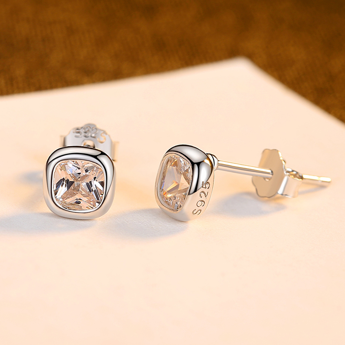 Simple Sterling Silver Ear Studs Square Zircon