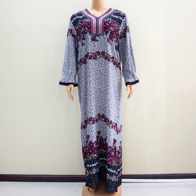 Embroidered Neckline Long Sleeve Lace Printed African Elegant Noble Lady Long Dress — image 1