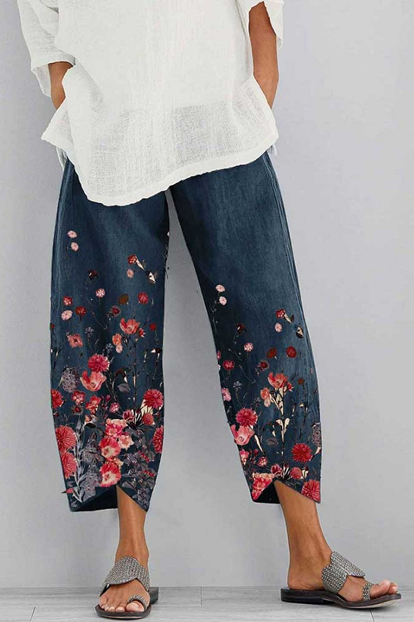 High-waisted Wide-leg Printed Cotton Trousers