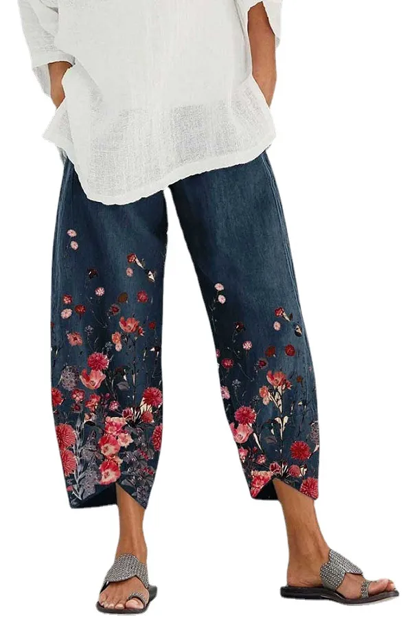 High waisted Wide leg Printed Cotton Trousers Dark Blue - Shop at LoveMi