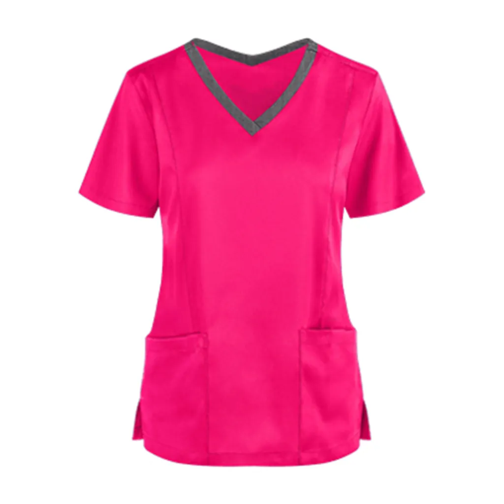V-neck Tooling Short-sleeved Slit Nurse Outfit Women - Rose Red