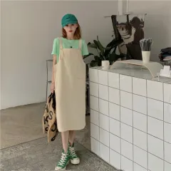 Strap Skirt Solid Colour T-shirt Two-piece Women - Apricot Strap Dress - View 1