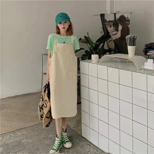 Strap Skirt Solid Color T shirt Two piece Women Apricot Strap Dress - Shop at LoveMi