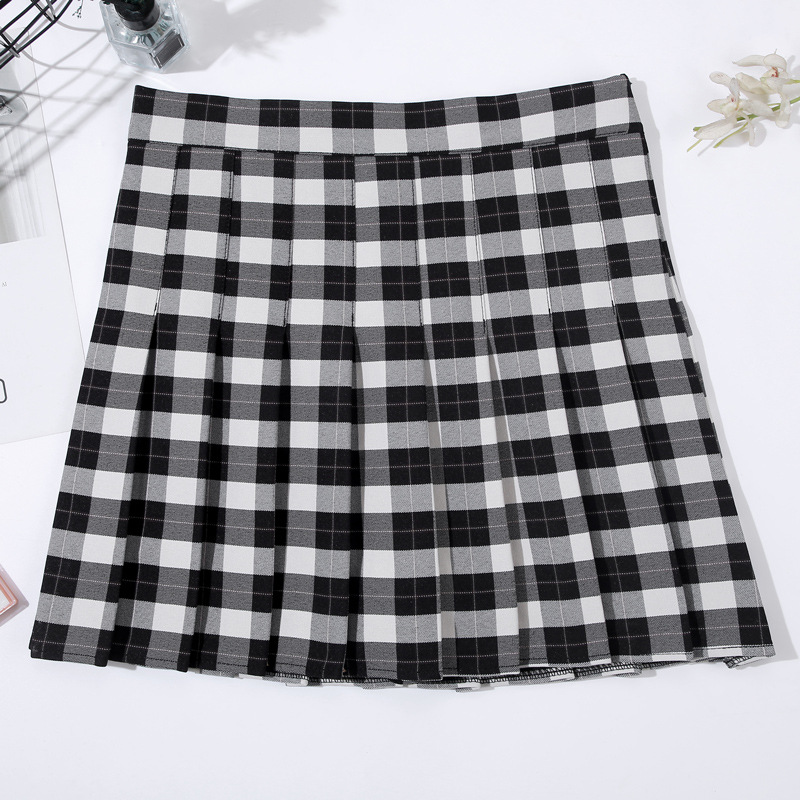 Stitching Checkered Pleated College Anti-glare A-line Skirt