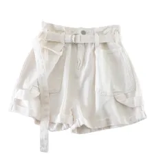 All Match Thin Double Pocket Wide Leg Denim Solid Color Shorts - White - View 1