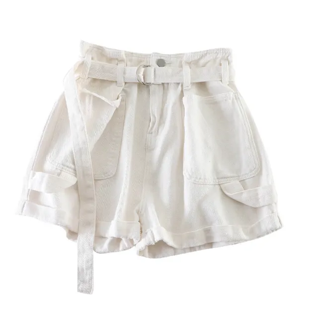 All Match Thin Double Pocket Wide Leg Denim Solid Color Shorts White - Shop at LoveMi