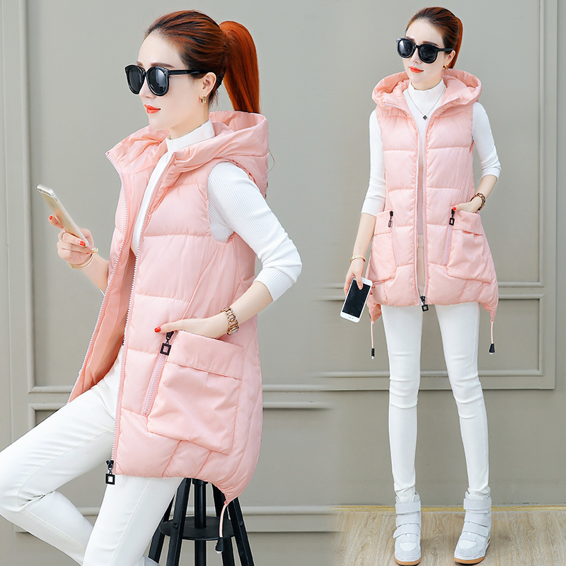 Autumn And Winter Waistcoat Slim Mid Length Cotton Vest Women's Hooded Cotton Jacket