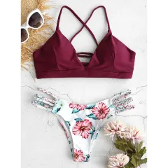 Braided Rope Bikini Swimsuit Printed Bikini Swimsuit - Wine - View 1