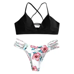 Braided Rope Bikini Swimsuit Printed Bikini Swimsuit - Black - View 1