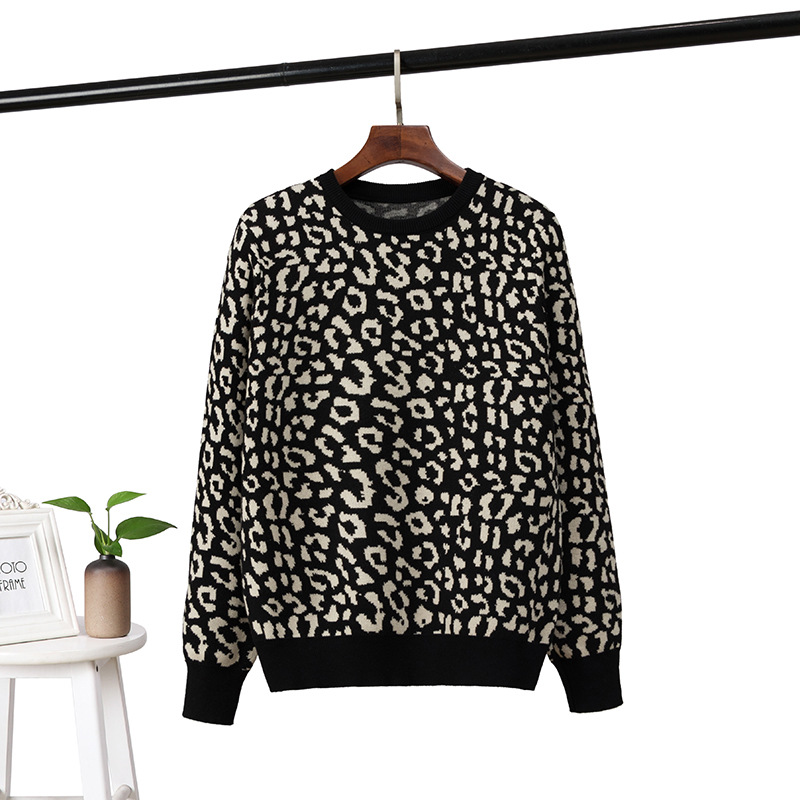 Title 2, Pullover Leopard Jacquard Contrast Loose Bottom...