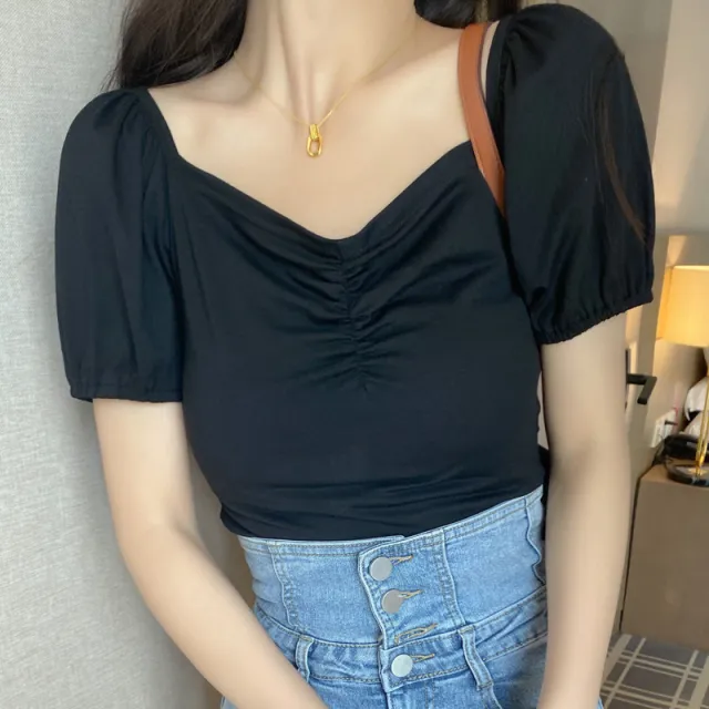 Women's Top Slim Slimming Square Neck Pullover Short Shirt Black - Shop at LoveMi