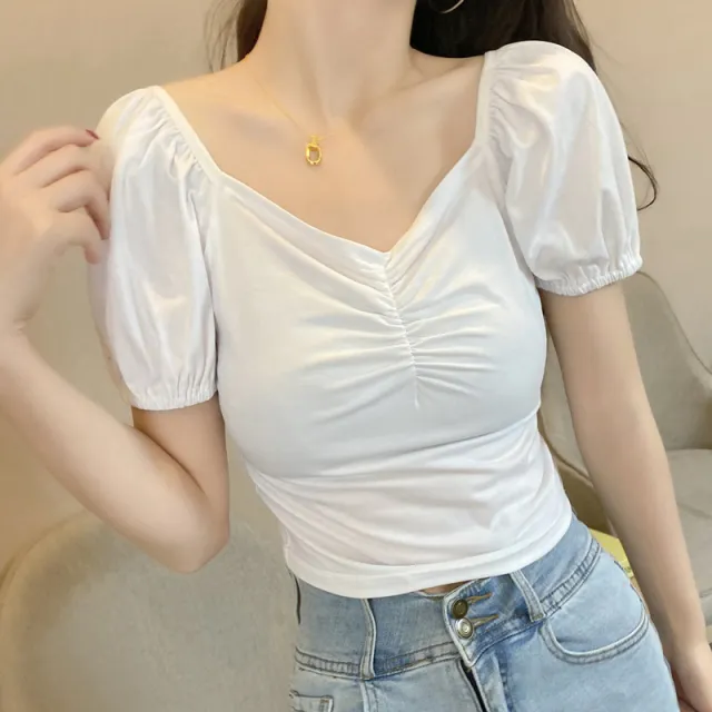 Women's Top Slim Slimming Square Neck Pullover Short Shirt White - Shop at LoveMi