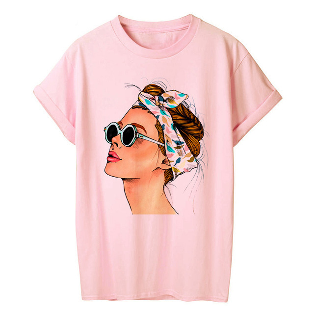 Title 7, Woman Head Print Short Sleeve Round Neck Short ...