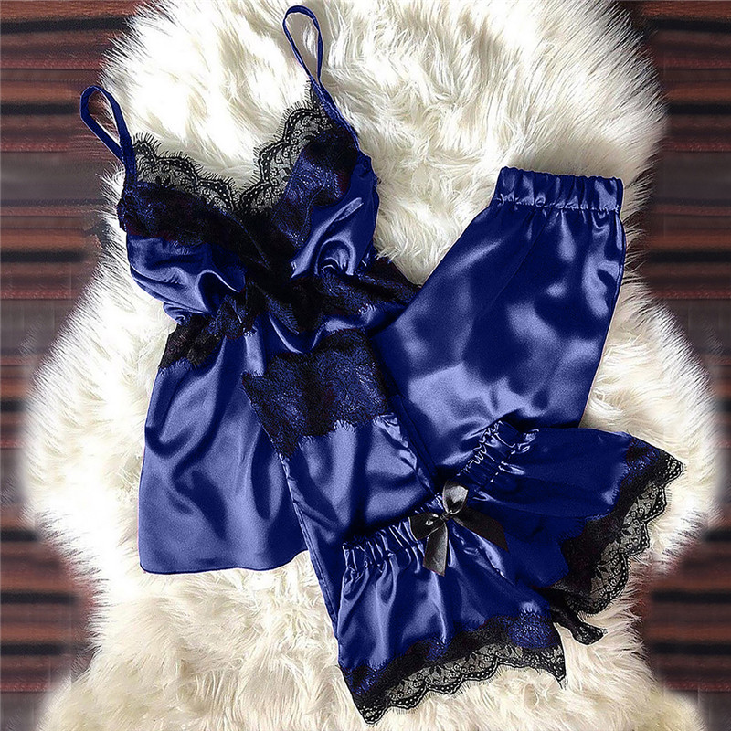 V Neck Eyelash Lace Bowknot Pajamas Three-piece Set