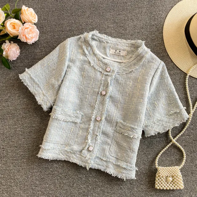 Tweed Round Neck Thin Short sleeved Blouse Women Blue - Shop at LoveMi