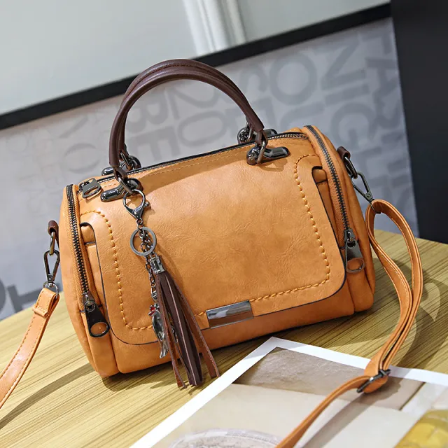 Retro One shoulder Diagonal Boston Pillow Bag Brown - Shop at LoveMi
