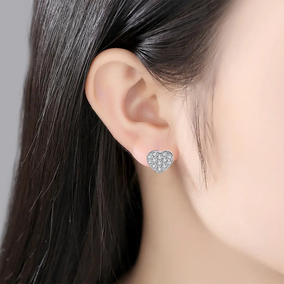 Sterling Silver Heart-Shaped Earrings S925 Zircon