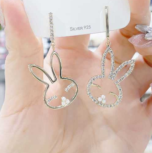 Asymmetrical Bunny Earrings Silver Needle Fashion Temperament Personality Long Tassel Earrings Round Face Shows Thin Face
