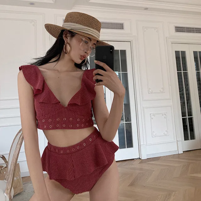New Ruffled Bikini Gathered Sexy Backless High Waist Split Swimsuit Women Red - Shop at LoveMi