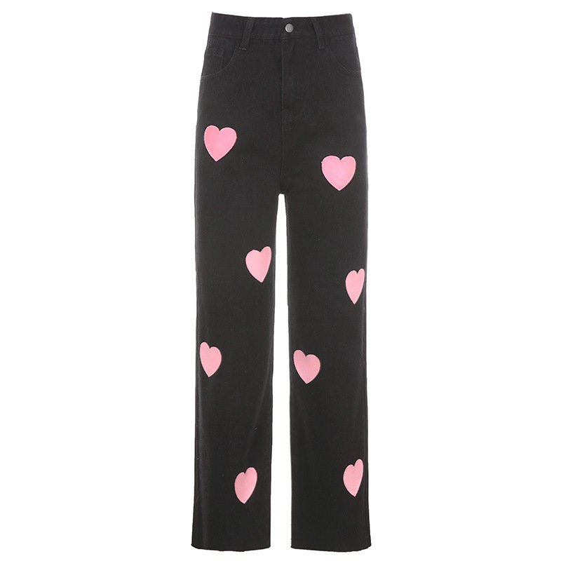 Butterfly Embroidery Straight Leg Cute Girl Denim Casual Pants Slim Trousers Black - Shop at LoveMi