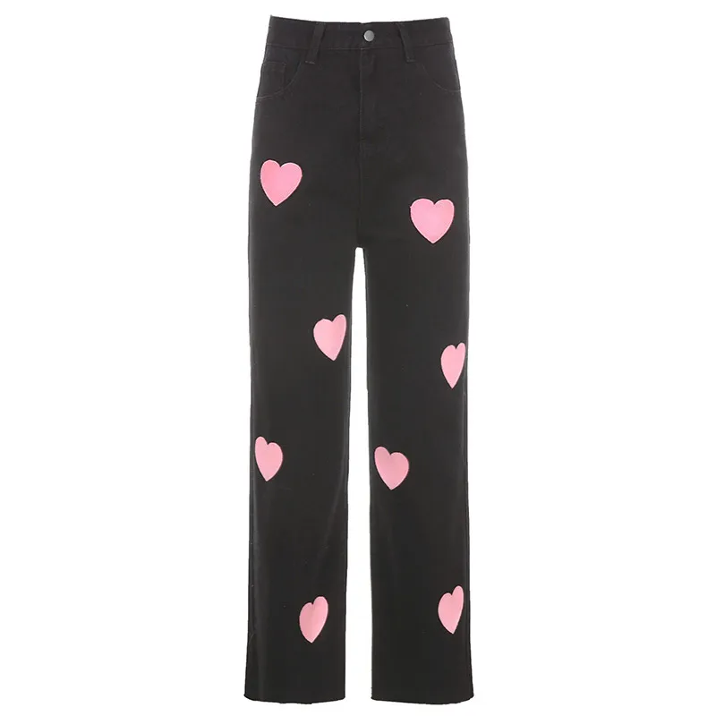 Butterfly Embroidery Straight Leg Cute Girl Denim Casual Pants Slim Trousers - Black