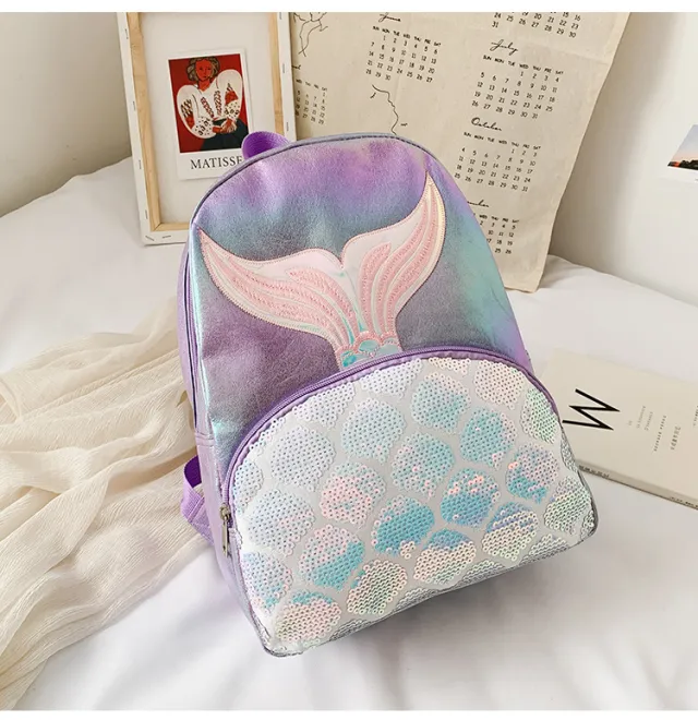 Fashion Korean Backpack Western School Student School Bag Laser Fish Tail Travel Bag Purple - Shop at LoveMi