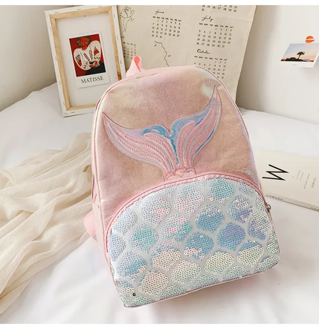 Fashion Korean Backpack Western School Student School Bag Laser Fish Tail Travel Bag Pink - Shop at LoveMi