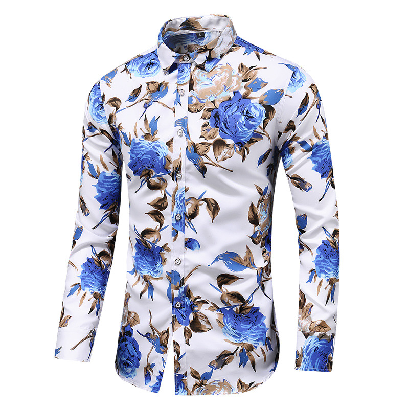 New Large Size Men's Printed Long Sleeved Shirt Rose Flower Shirt