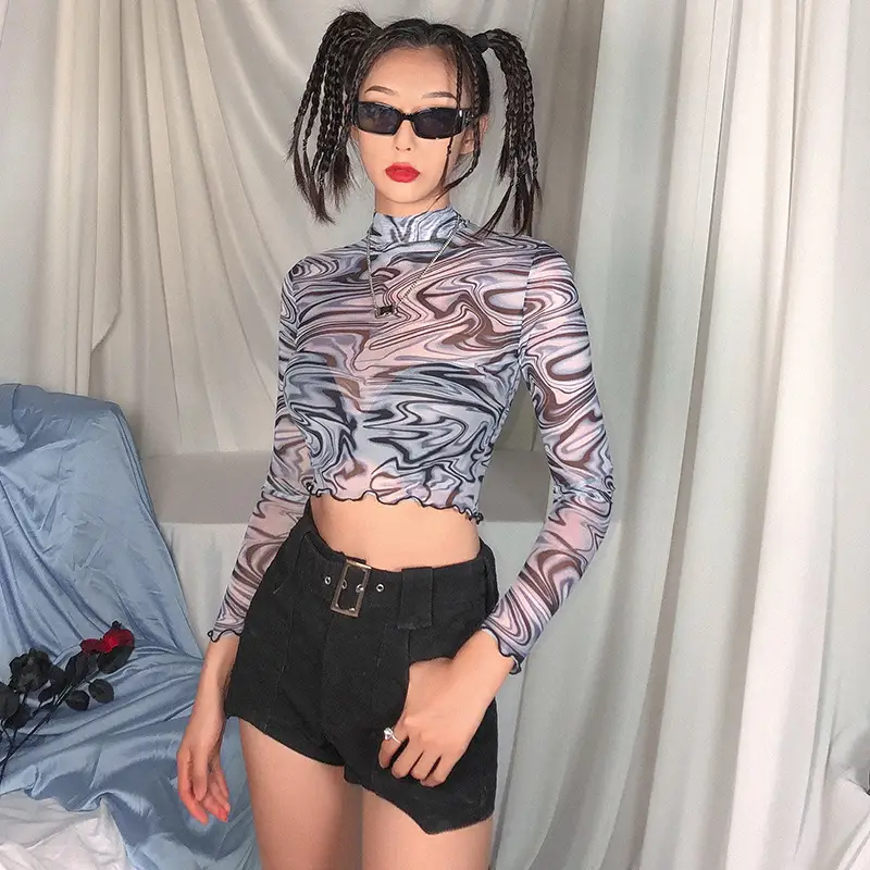 Interesting Tie-dye Mesh See-through Bottoming Shirt