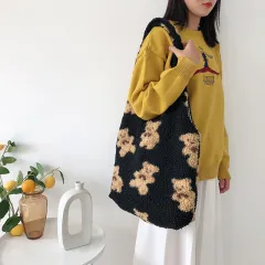 BagKorean Plush Cute Cartoon Bear Large-capacity Casual One-shoulder All-match Shopping Bag - Black - View 1