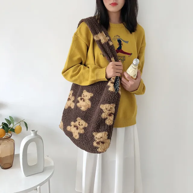 BagKorean Plush Cute Cartoon Bear Large capacity Casual One shoulder All match Shopping Bag Brown - Shop at LoveMi