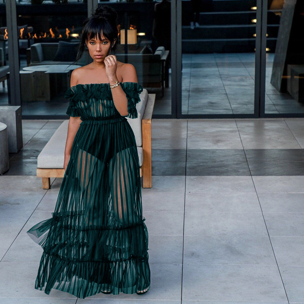 Sexy Long Skirt One shoulder Sexy See through Mesh Dress Green - Shop at LoveMi