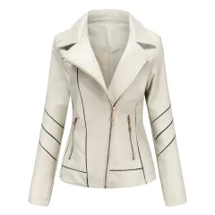 Leather Women's Thin PU Short Coat Spring And Autumn Jacket - Beige - View 1