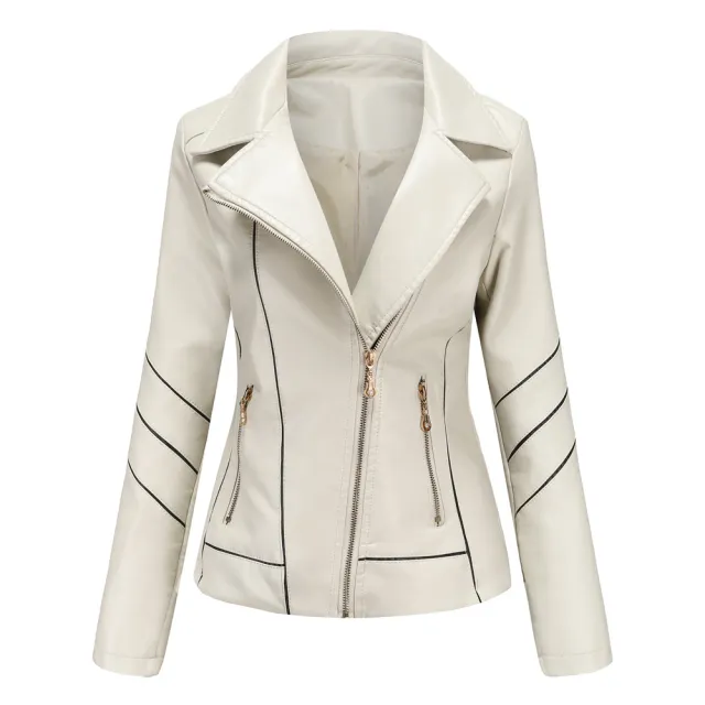 Leather Women's Thin PU Short Coat Spring And Autumn Jacket Beige - Shop at LoveMi