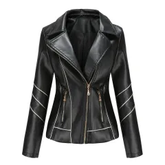Leather Women's Thin PU Short Coat Spring And Autumn Jacket - Black - View 1